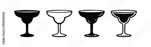 Margarita cocktail glasses vector icons set. Classic drink glassware symbols in black and white.