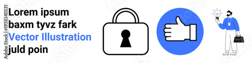 Lock icon, thumbs up symbol, and a person holding a lightbulb. Ideal for security, approval, innovation, safety, protection creativity and business topics. Landing page