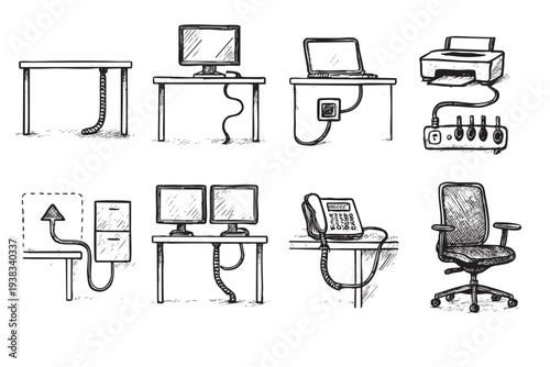Hand-drawn illustration of office furniture and equipment in black and white, including a desk, chair, computer, printer, and filing cabinet. Perfect for use in creative designs.