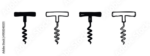 Hand Drawn Corkscrew and Wine Opener Icons Set. Minimalist Bottle Opener Silhouettes for Bar Accessories.