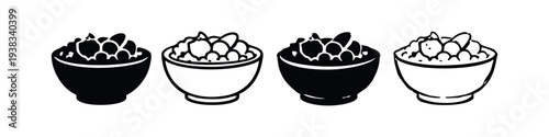 Hand drawn doodle set of berry fruit bowls. Outline and silhouette icons of breakfast cereal with fruits. Vegan food vector illustration.