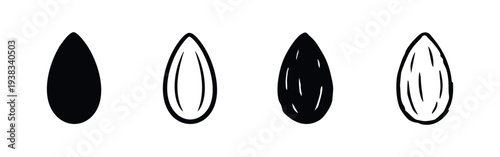 Hand drawn doodle set of almond nuts. Outline and silhouette healthy snack food icons. Plant-based ingredient vector illustration.