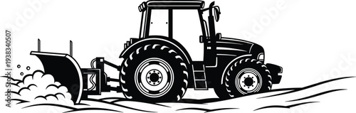 Tractor with snow plow clearing road winter machinery vehicle black vector illustration isolated on white background