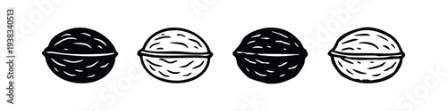 Hand drawn doodle set of walnuts. Outline and silhouette healthy brain food icons. Natural superfood ingredient vector illustration.