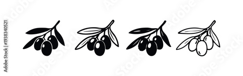 Hand drawn doodle set of olive branches with fruit. Outline and silhouette icons. Healthy Mediterranean food ingredient vector illustration.