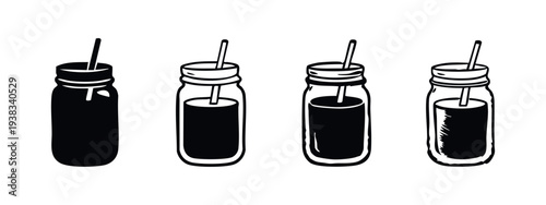 Mason Jar Drink with Straw Icon Set. Refreshing Beverage Symbol.