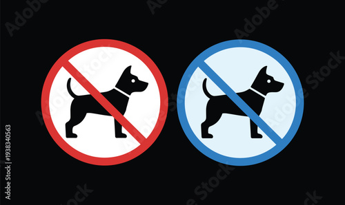 No Dogs Allowed Prohibitive Signage Set with Red and Blue Striking Circle Icons for Public Safety and Restriction Areas