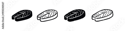 Salmon Fillet Fish Steak Icon Set. Healthy Seafood and Protein Source Symbol.