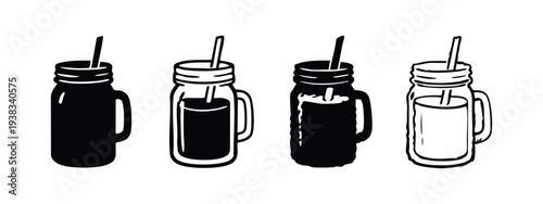 Mason Jar Mug with Handle and Straw Icon Set. Beverage Container Symbol.