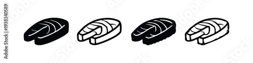 Salmon Fillet Fish Steak Side View Icon Set. Healthy Seafood and Protein Symbol.
