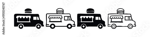 Hand-drawn Burger Food Truck Icons Set. Doodle Style Mobile Restaurant Vector Collection for Fast Food and Street Food Concepts.