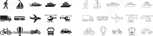 A collection of various transportation and vehicle icons in black and white