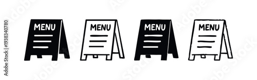 Hand-drawn Menu Board Sign Icons Set. Doodle Restaurant A-Frame Signage Vector Collection for Cafe and Diner Promotions.