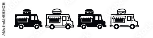 Doodle Style Burger Food Truck Vector Set. Hand-drawn Mobile Fast Food Kiosk Icons for Street Market and Festival Designs.