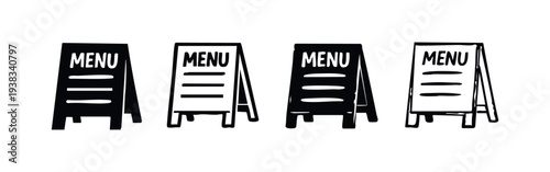 Hand-drawn Cafe Menu Stand Icons Set. Doodle Restaurant A-Frame Board Vector Collection for Business and Advertising.
