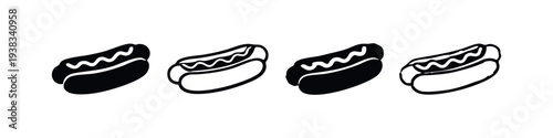 Hot dog icons set. Hand drawn doodle style line art and solid black fast food symbols. American street food snack with ketchup.