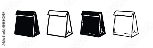 Paper bag icons set. Hand drawn doodle style line art and solid black fast food packaging symbols. Takeaway lunch or grocery bags.