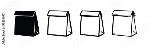 Paper bag icons set. Hand drawn doodle style line art and solid black fast food packaging symbols. Takeaway lunch or grocery bags.