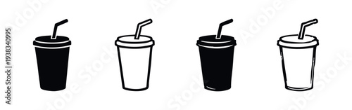 Soda drink cups with straw icons set. Hand drawn doodle style line art and solid black fast food beverage symbols.