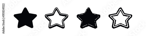 Star icon set in various styles. Rating symbol for reviews, favorites, or quality indication. Achievement and success collection.