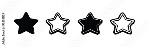 Star icon set in various styles. Rating symbol for reviews, favorites, or quality indication. Achievement and success collection.
