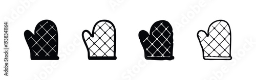 Oven mitts icons set, hand drawn black kitchen glove outline and solid silhouette symbols, cooking safety tools vector illustration.