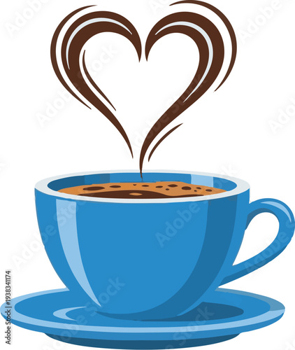 A blue coffee cup with a heart shaped steam rising from it