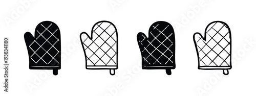 Oven mitts with hanging loop icons set, hand drawn black kitchen glove outline and solid silhouette symbols, cooking safety vector.