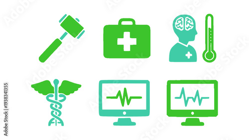 Flat healthcare icons including reflex hammer, thermometer, ECG monitor, first aid kit, and medical symbol.