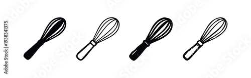Collection of whisk icons in various styles. Hand-drawn kitchen utensil for baking and cooking.