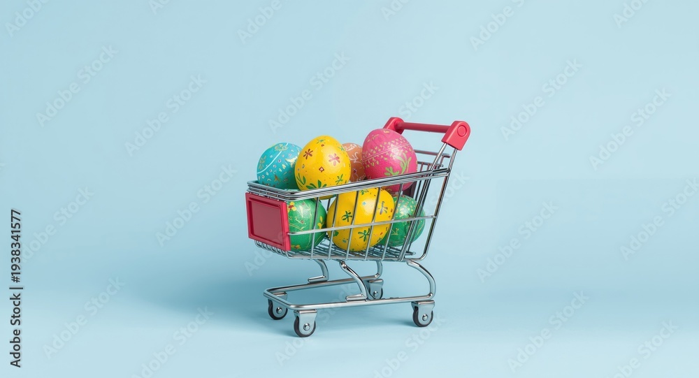 Fototapeta premium Creative advertisement showing colorful Easter eggs inside a shopping cart