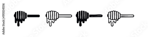 Set of Hand-Drawn Honey Dipper Icons with Dripping Honey, Black and White Vector Illustration