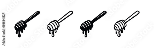 Collection of Hand-Drawn Angled Honey Dipper Icons with Dripping Honey, Black and White Vector Art
