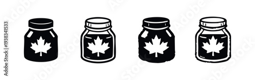 Set of Hand-Drawn Maple Syrup Bottle Icons with Maple Leaf, Black and White Vector Art