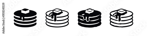 Set of Hand-Drawn Pancake Stack Icons with Butter and Syrup, Black and White Vector Illustration