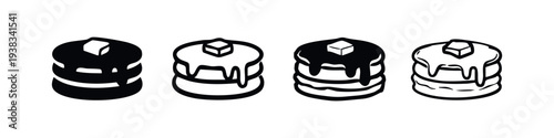 Collection of Hand-Drawn Pancake Icons with Butter and Syrup, Black and White Distressed Vector Art