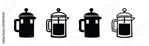 French Press Coffee Maker Icons Set in Various Black and White Styles