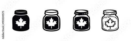 Collection of Hand-Drawn Maple Syrup Bottle Vector Icons with Maple Leaf, Black and White Distressed Style