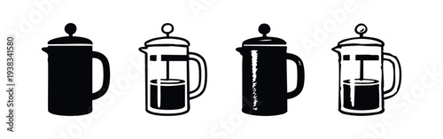 French Press Coffee Maker Icons Collection with Plunger Down in Different Styles