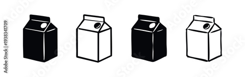 Milk Carton Packaging Icon Set - Angled Black and White Vector Illustration