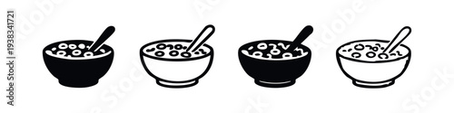 Cereal Bowl with Spoon Icon Set - Ring-Shaped Cereal Black and White Vector Illustration