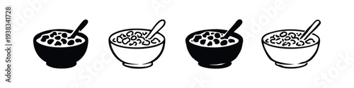 Cereal Bowl with Spoon Icon Set - Flake Cereal Black and White Vector Illustration