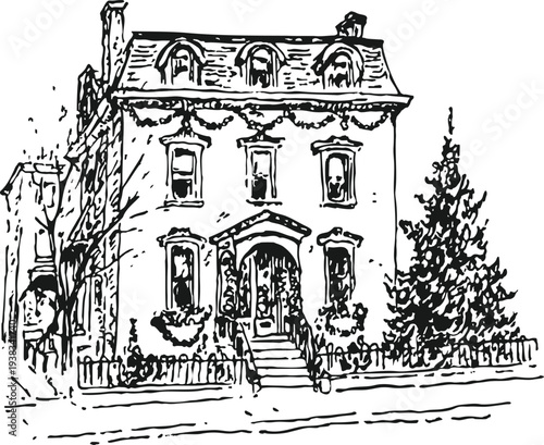	
Black and White Ink Drawing of a Historical House Decorated with Garland. Hand-drawn Holiday Building Facade Sketch.	
