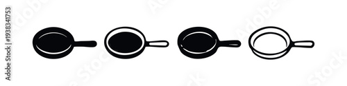 Collection of Hand Drawn Frying Pan Icons, Black and White Kitchen Utensil Symbols