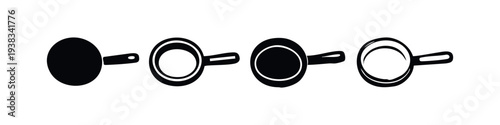 Set of Hand Drawn Skillet and Frying Pan Icons, Black and White Kitchen Tools