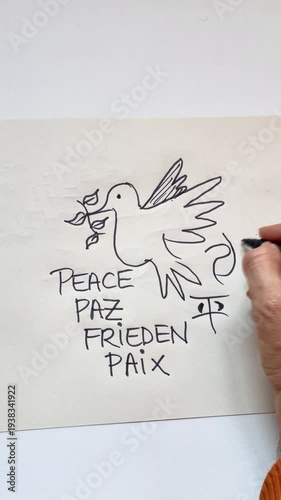 Paloma de la paz contra la guerra en dibujo hecho a mano con idiomas de paz
