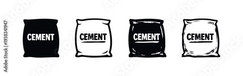 Hand-drawn cement bags icon set with "CEMENT" text in multiple styles. Black and white illustrations.