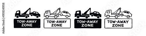 Hand-drawn tow-away zone signs with tow truck in various styles. Black and white illustrations.