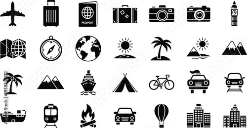Travel and tourism icons set in black and white