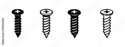 Phillips Head Screw Icons Set. Wood Fastener Silhouette and Outline Vector Illustration.